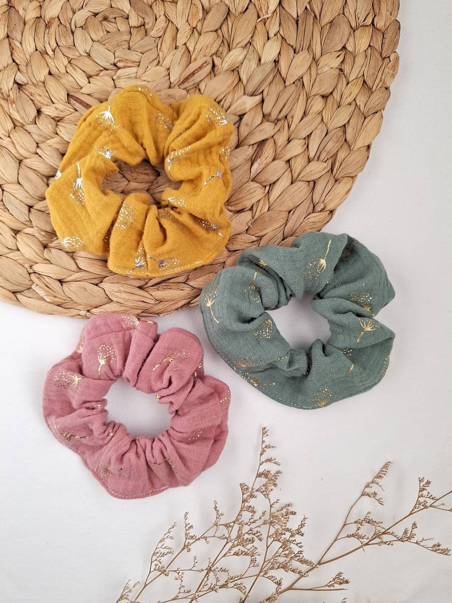 Scrunchies per capelli rosa senape verde fiori dorate